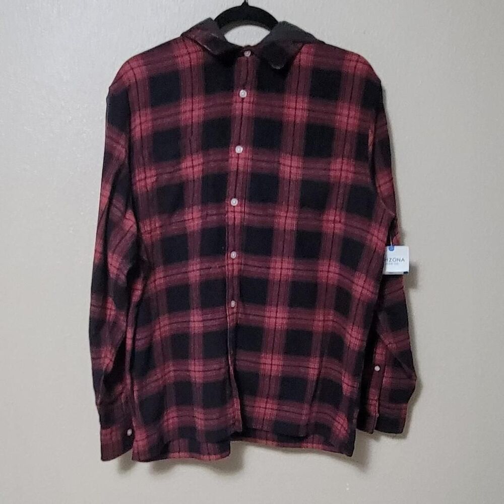 Arizona Jean Co Red Black Plaid Flannel Button Up Hooded Shirt Jacket Large NWT